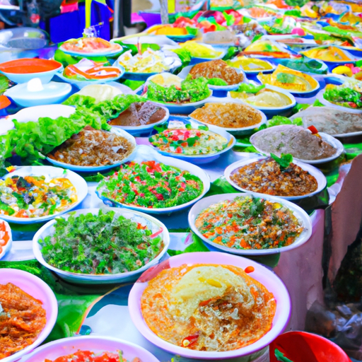 תצוגה תוססת של אוכל רחוב תאילנדי